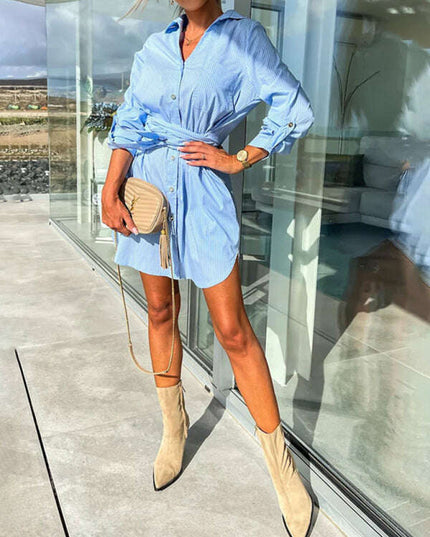 New lace-up cardigan multi-color roll-sleeve shirt dress