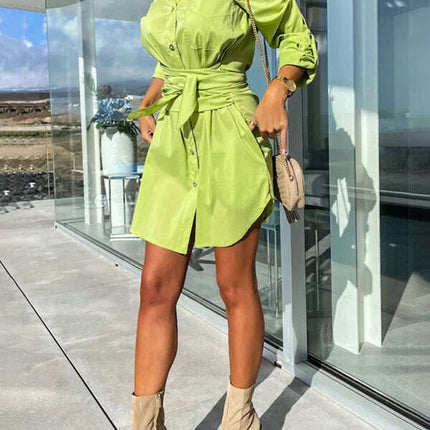 New lace-up cardigan multi-color roll-sleeve shirt dress