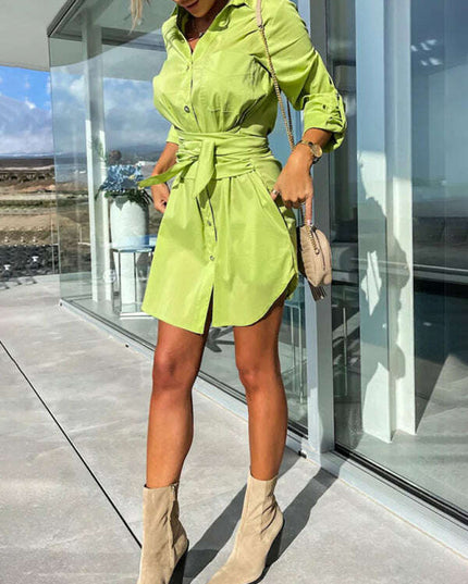 New lace-up cardigan multi-color roll-sleeve shirt dress