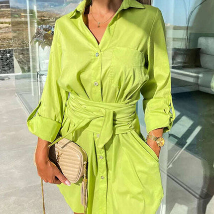 New lace-up cardigan multi-color roll-sleeve shirt dress