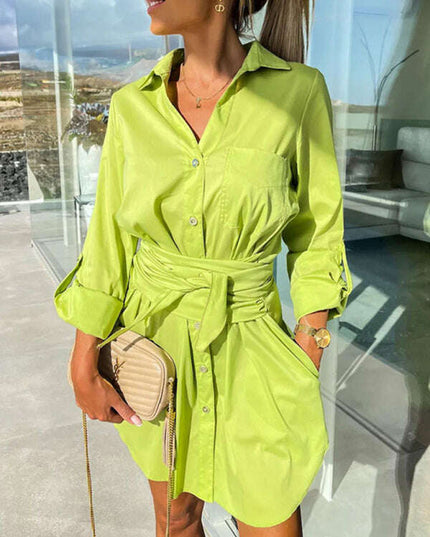 New lace-up cardigan multi-color roll-sleeve shirt dress