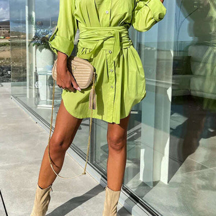 New lace-up cardigan multi-color roll-sleeve shirt dress