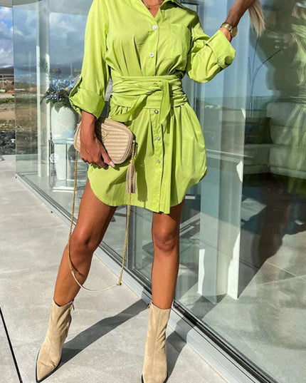 New lace-up cardigan multi-color roll-sleeve shirt dress