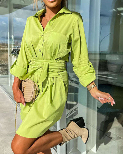 New lace-up cardigan multi-color roll-sleeve shirt dress