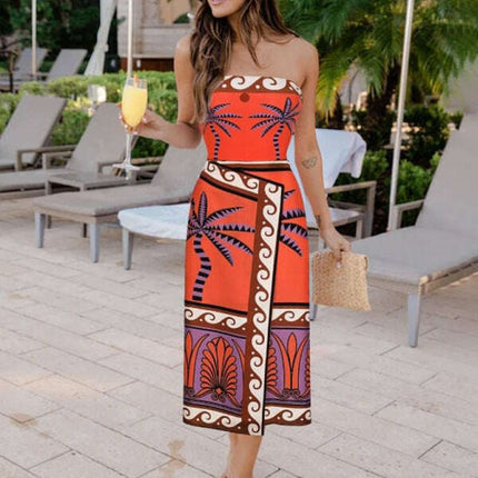 Strapless printed one-piece swimsuit with matching skirt