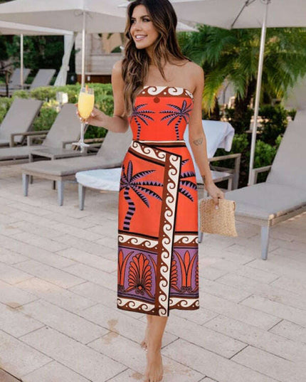 Strapless printed one-piece swimsuit with matching skirt