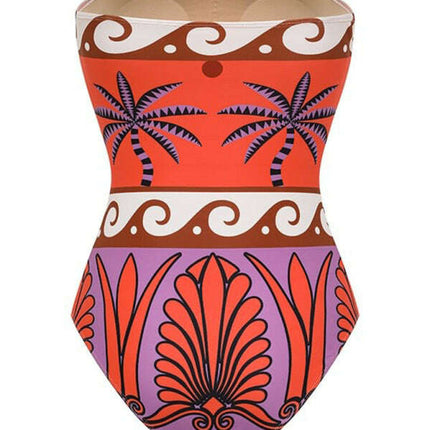 Strapless printed one-piece swimsuit with matching skirt