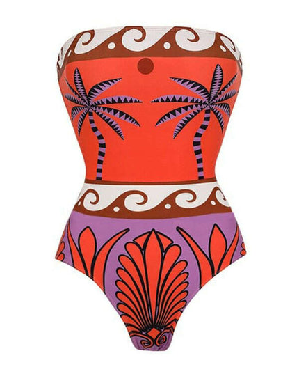 Strapless printed one-piece swimsuit with matching skirt