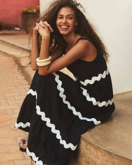 New simple u-shaped collar corrugated tube top solid color A-line suspender skirt