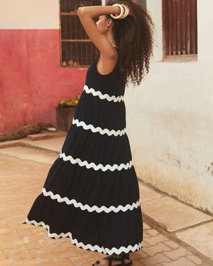 New simple u-shaped collar corrugated tube top solid color A-line suspender skirt