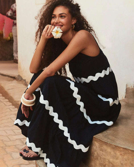 New simple u-shaped collar corrugated tube top solid color A-line suspender skirt