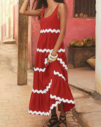 New simple u-shaped collar corrugated tube top solid color A-line suspender skirt