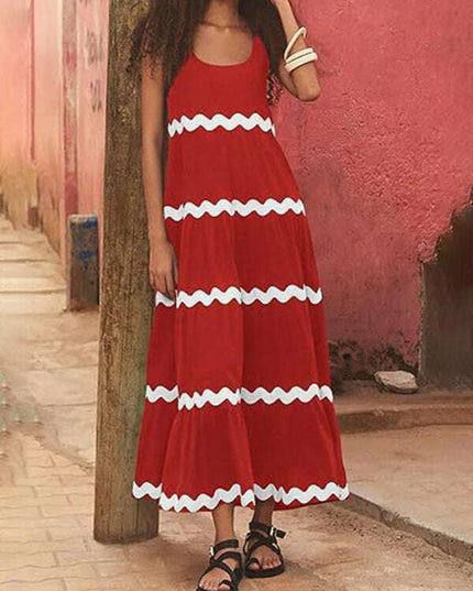 New simple u-shaped collar corrugated tube top solid color A-line suspender skirt