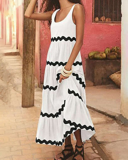 New simple u-shaped collar corrugated tube top solid color A-line suspender skirt