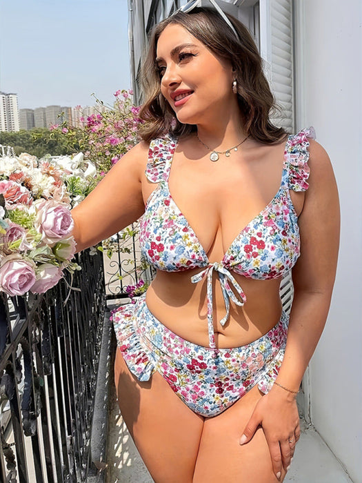 Elegant Floral Lace Bikini Set - Plus Size Swimwear with Chic Lace Detail