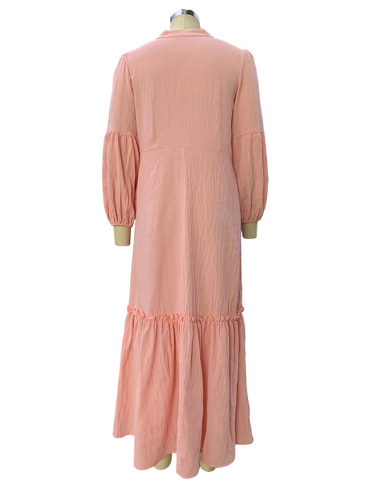 Women's Fashionable V-Neck Puff Sleeve Bohemian Cotton and Linen Dress