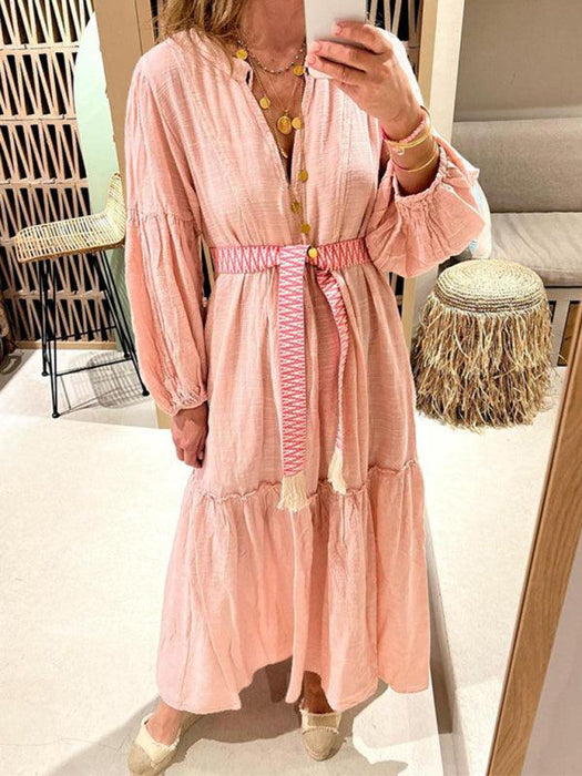 Bohemian V-Neck Puff Sleeve Cotton Linen Dress for Effortless Summer Style