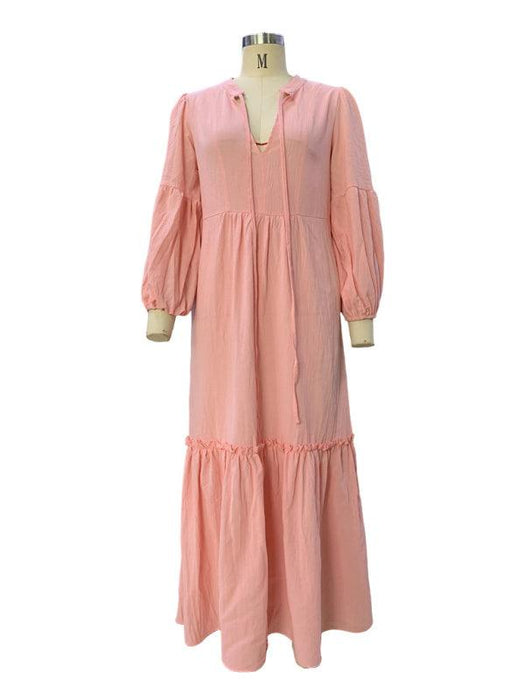 Bohemian V-Neck Puff Sleeve Cotton Linen Dress for Effortless Summer Style