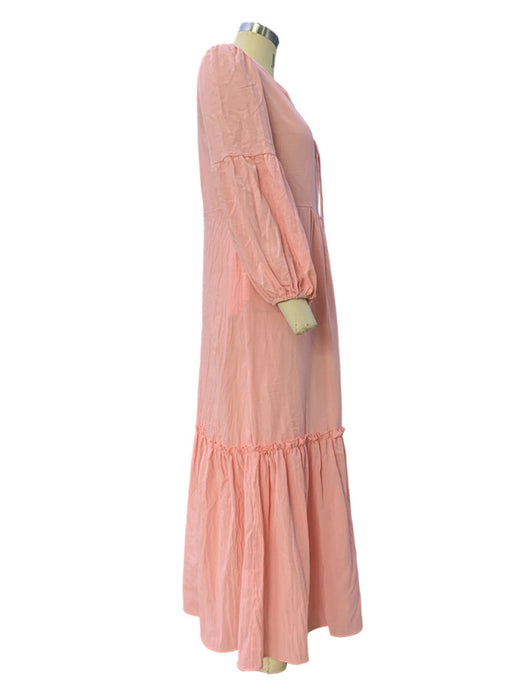 Women's Fashionable V-Neck Puff Sleeve Bohemian Cotton and Linen Dress