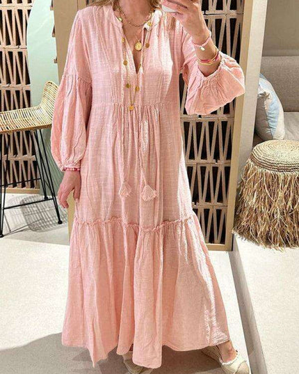 Bohemian Chic V-Neck Puff Sleeve Summer Dress for Effortless Elegance