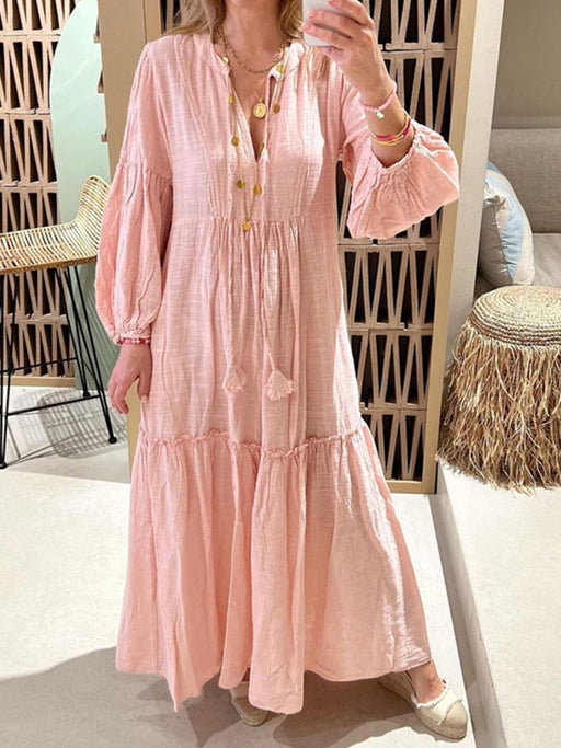 Boho-Chic V-Neck Puff Sleeve Cotton Linen Dress: Effortless Style for Summer