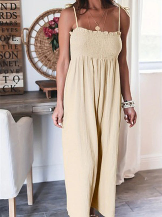 Elegant High-Waisted Sleeveless Jumpsuit with Smocked Detail for Women