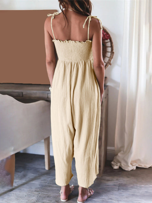 Women's High Waisted Solid Color Suspender Sleeveless Smocked Jumpsuit
