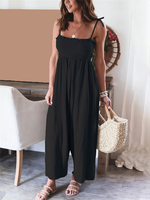 Elegant High-Waisted Sleeveless Jumpsuit with Smocked Detail for Women