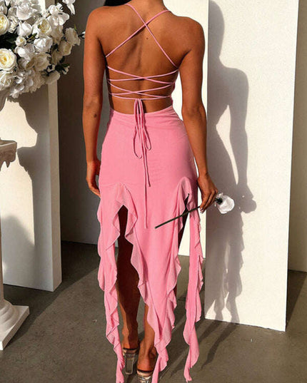 New ruffled sexy solid color slim dress