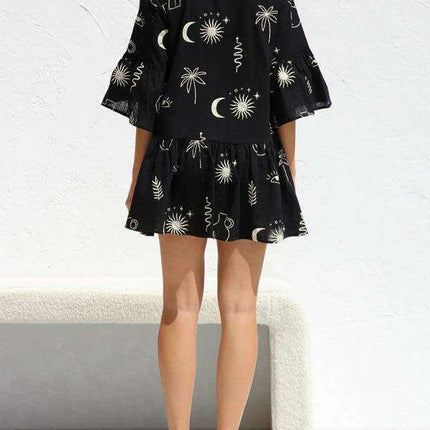 Bohemian-Inspired Midi Dress with Trumpet Sleeves