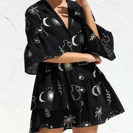 Bohemian-Inspired Midi Dress with Trumpet Sleeves