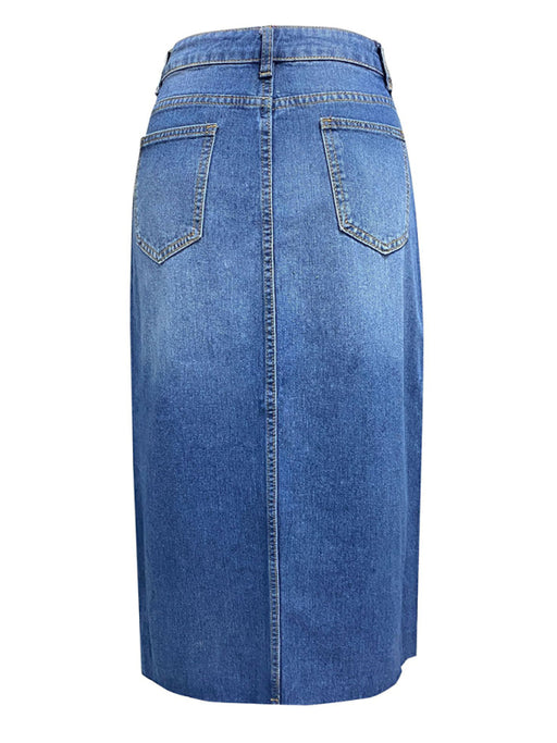 Denim A-Line Skirt with Front Slit - High Waist Style for Spring-Summer