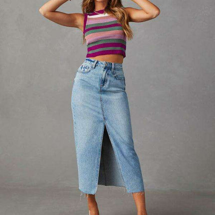 Trendy High-Waisted Denim A-Line Skirt with Slit - Your Must-Have for Spring and Summer