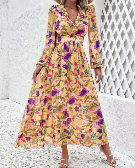 Floral V-neck Ruffled Design Dress - Chic Women's Spring-Summer Essential
