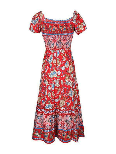 Bohemian Chic One-Shoulder Maxi Dress with Distinctive Ethnic Print