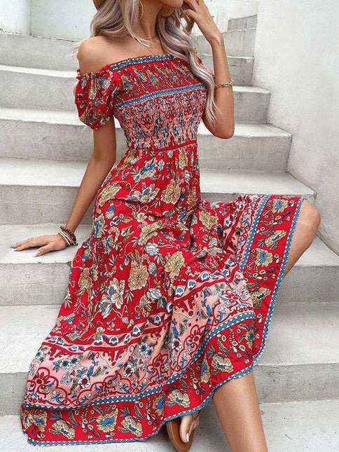 Bohemian Chic One-Shoulder Maxi Dress with Distinctive Ethnic Print