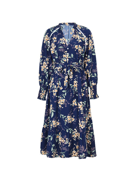 Elegant Women's Floral Print Long Sleeve Polyester Dress