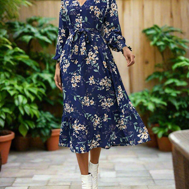 Chic Long Sleeve Floral Women's Polyester Dress