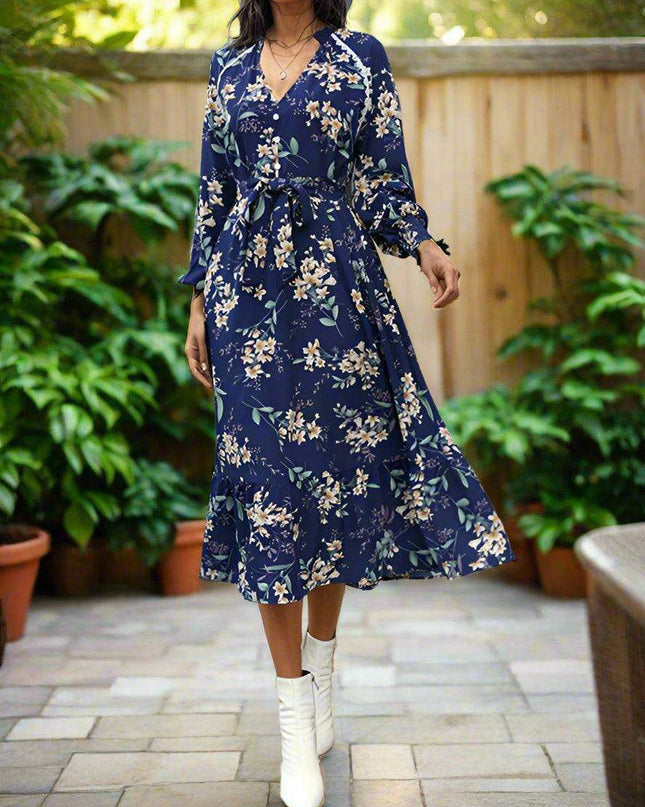 Chic Long Sleeve Floral Women's Polyester Dress