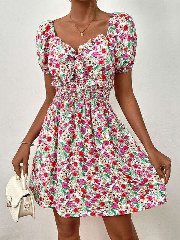 Chic Floral Print Puff Sleeve Dress with High Waist Design for Women