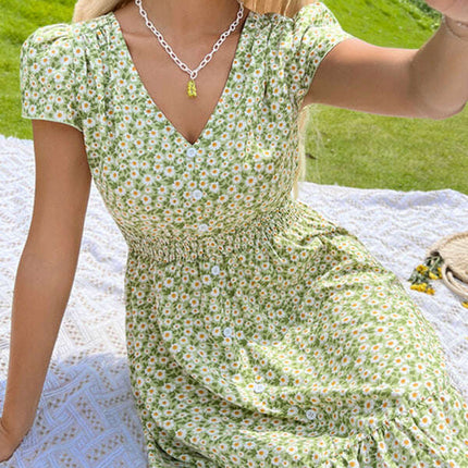 New fashionable women's backless lace-up V-neck floral dress