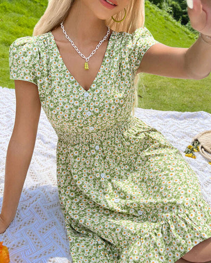 New fashionable women's backless lace-up V-neck floral dress