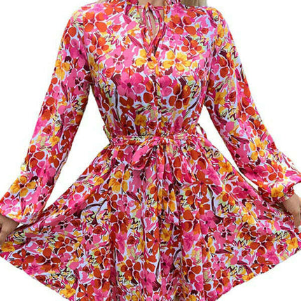 Women's lace-up slim fit lace collar printed dress