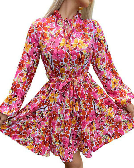 Women's lace-up slim fit lace collar printed dress