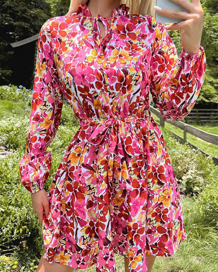 Women's lace-up slim fit lace collar printed dress