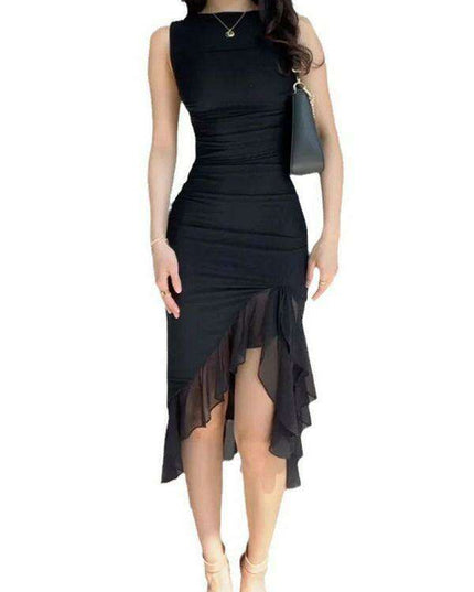 Chic Pleated Dress with Unique Mesh Detail and Flattering Waist Design