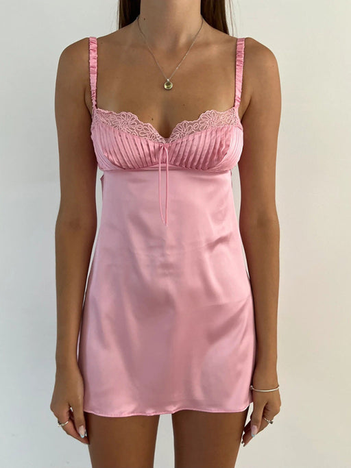 Elegant Lace Trim Satin Suspender Dress for Women