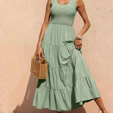 New suspender skirt pleated stitching A-line large hem dress