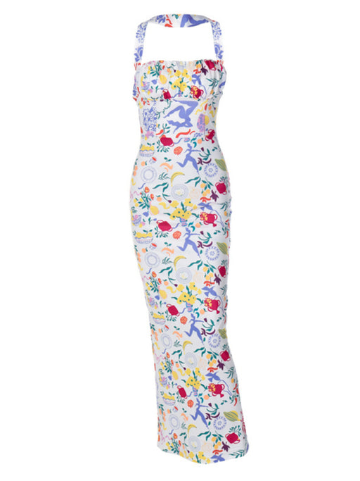 Multicolor printed wrap-neck halter neck halter dress