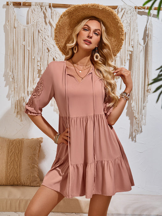 Solid Color Viscose Web Dress with Waist Detail - Versatile Casual Style